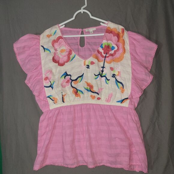 Cato Girly Pink Embroidered Blouse Plus Size 22/24 Whimsical Unique Comfortable - Picture 9 of 10